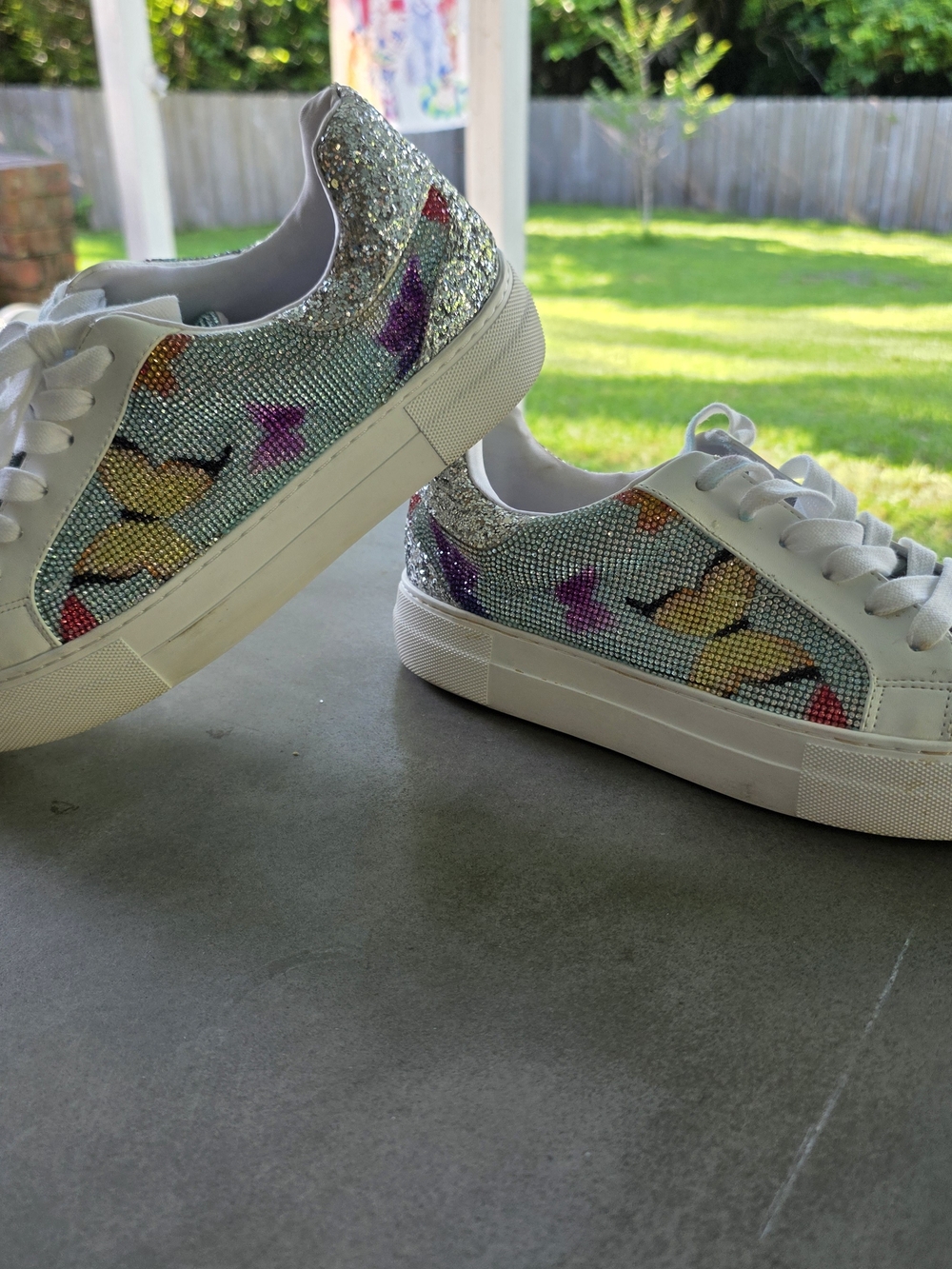 Betsey Johnson White Sneakers with Multicolor Butterfly Crystal Accents